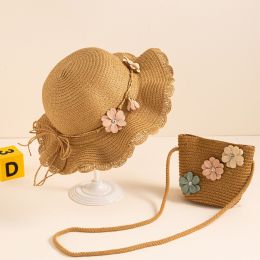 2pcs Girls Flowers Decor Lace Trim Sun Protection Straw Hat Beach Sun Hat & Zipper Straw Bag Set For Summer Outdoor Activities