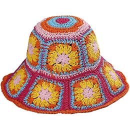 Women's Straw Sun Hat Floral Woven Bucket Hat Fishing Hat Beach Hat Hand Woven Foldable Cap