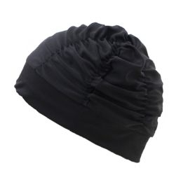2 Pack Solid Color Pleated Swim Caps For Long Hair Cloth Febric Swimming Cap, Black