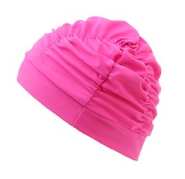 2 Pack Solid Color Pleated Swim Caps For Long Hair Cloth Febric Swimming Cap, Hot Pink