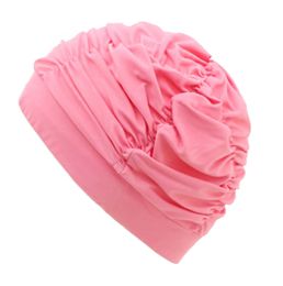2 Pack Solid Color Pleated Swim Caps For Long Hair Cloth Febric Swimming Cap, Pink